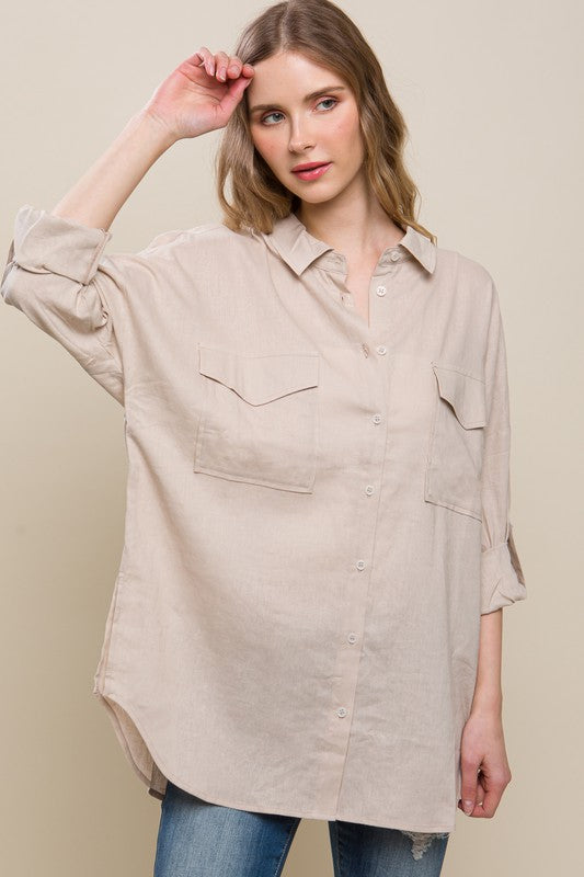 Breezy Chic Linen Pocketed Button Down Shirt