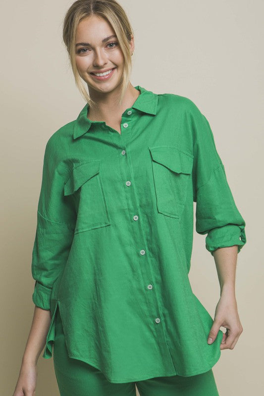 Breezy Chic Linen Pocketed Button Down Shirt