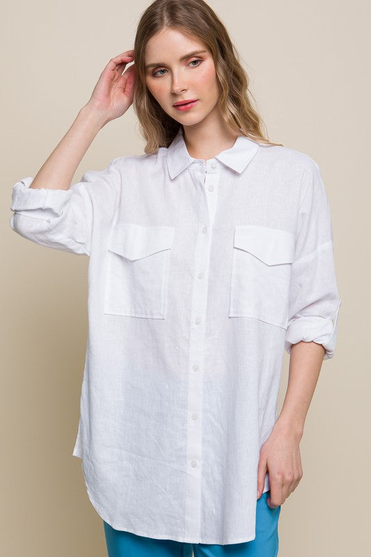 Breezy Chic Linen Pocketed Button Down Shirt