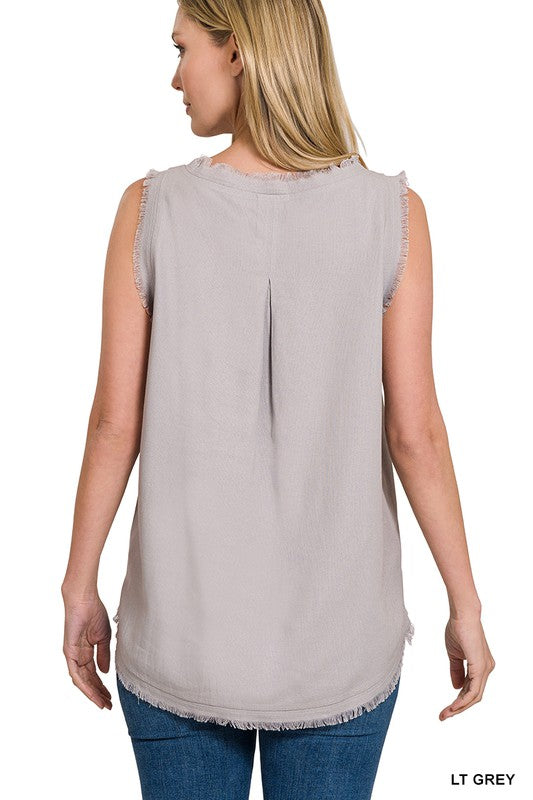 Linen Frayed Edge V-Neck Sleeveless Top