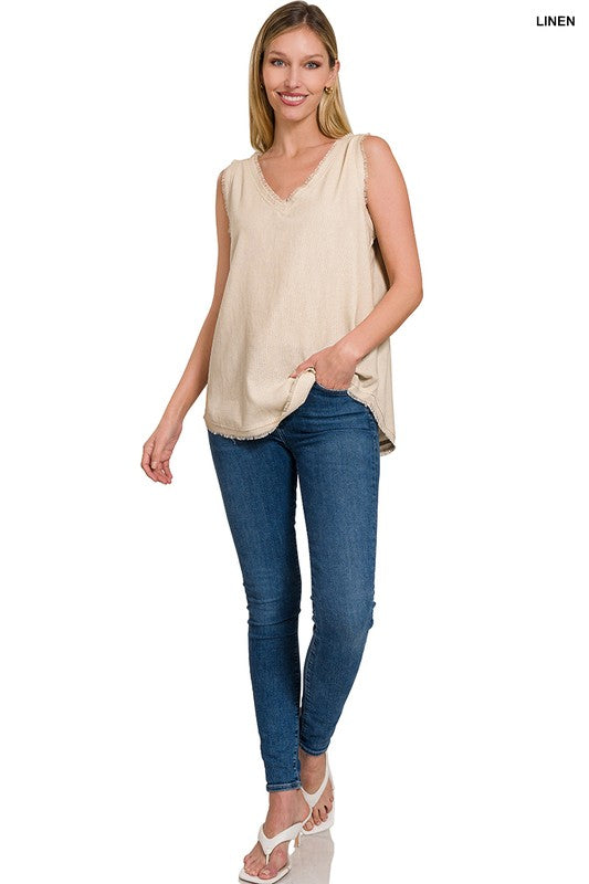 Linen Frayed Edge V-Neck Sleeveless Top