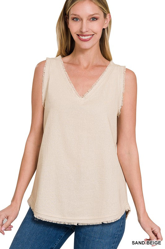 Linen Frayed Edge V-Neck Sleeveless Top