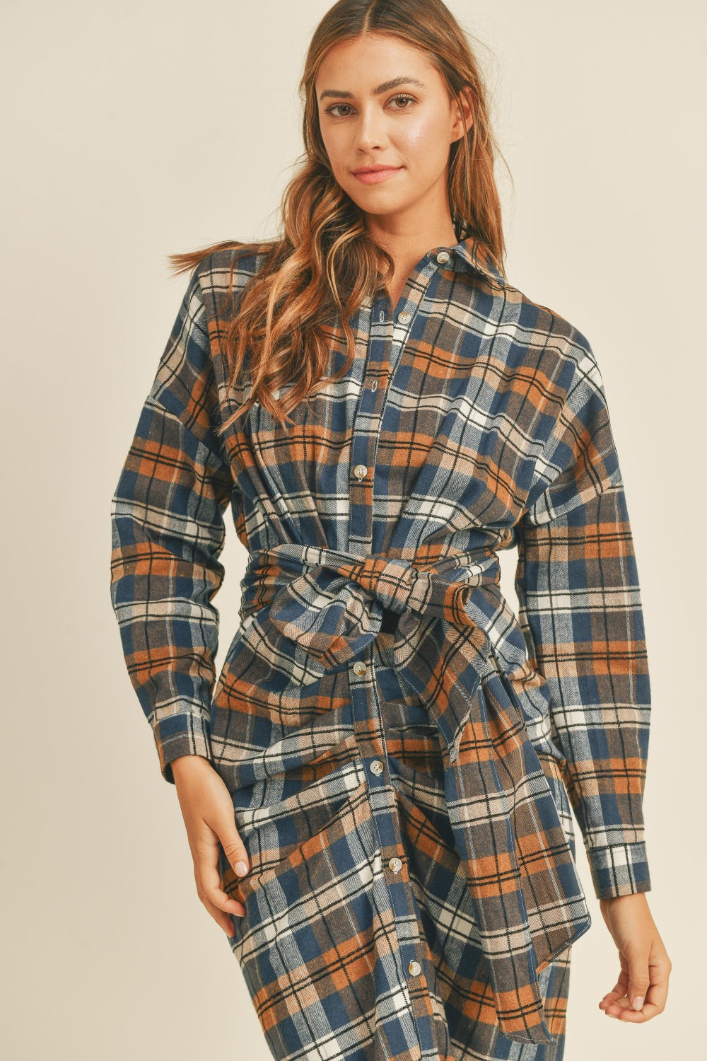 Mable Plaid Flannel Front Tie Button Down Shirt Dress