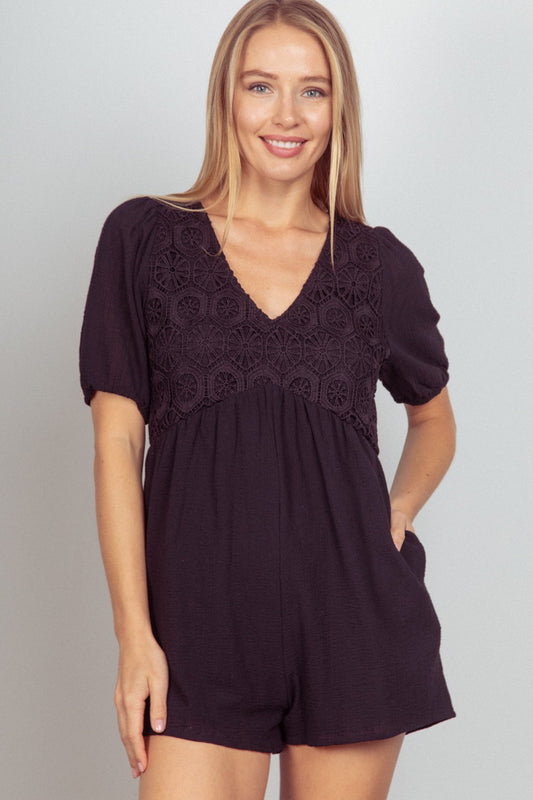 VERY J Lace Detail Puff Sleeve Romper with Pockets