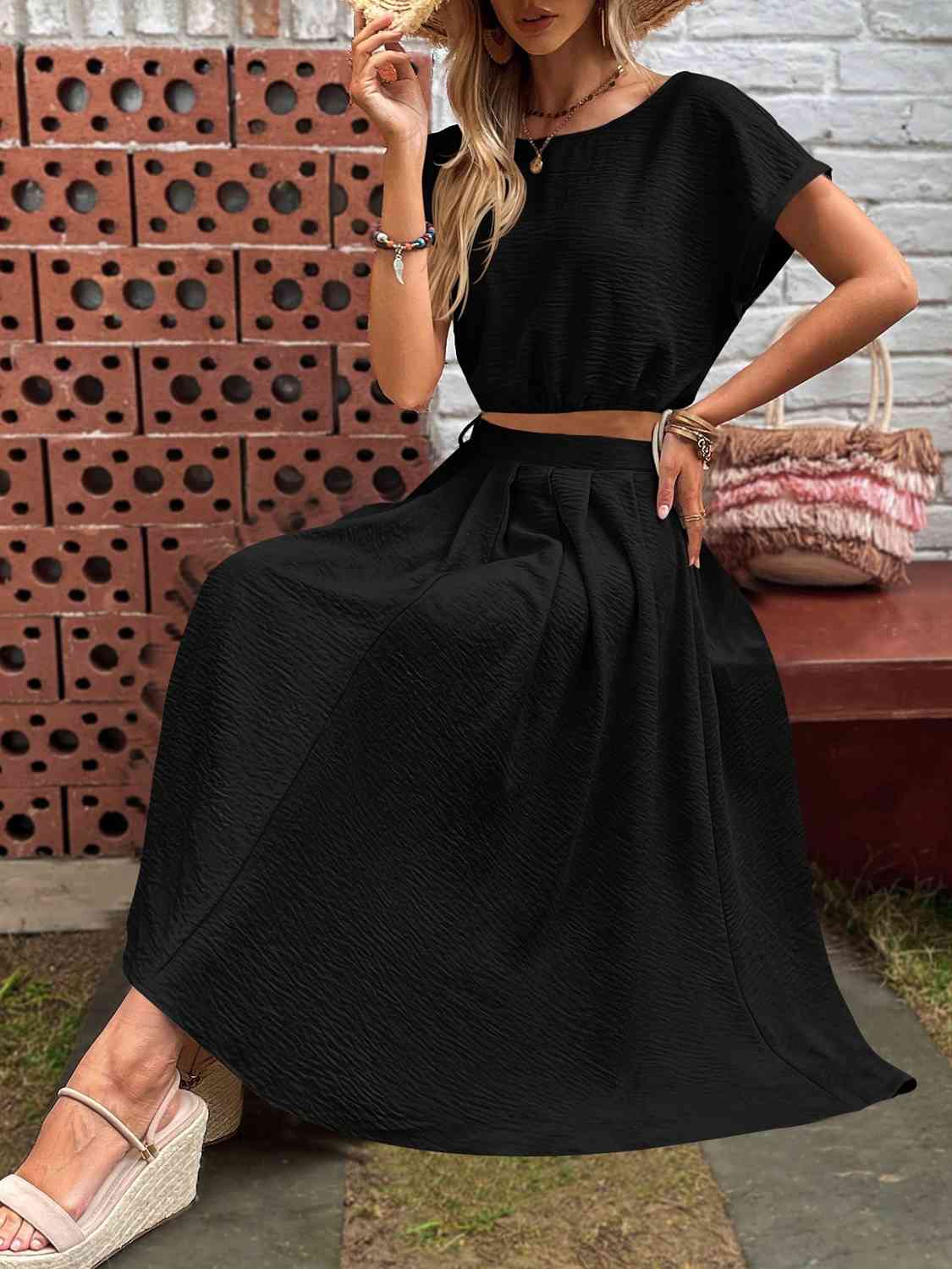 Drawstring Short Sleeve Top and Pleated Skirt Set