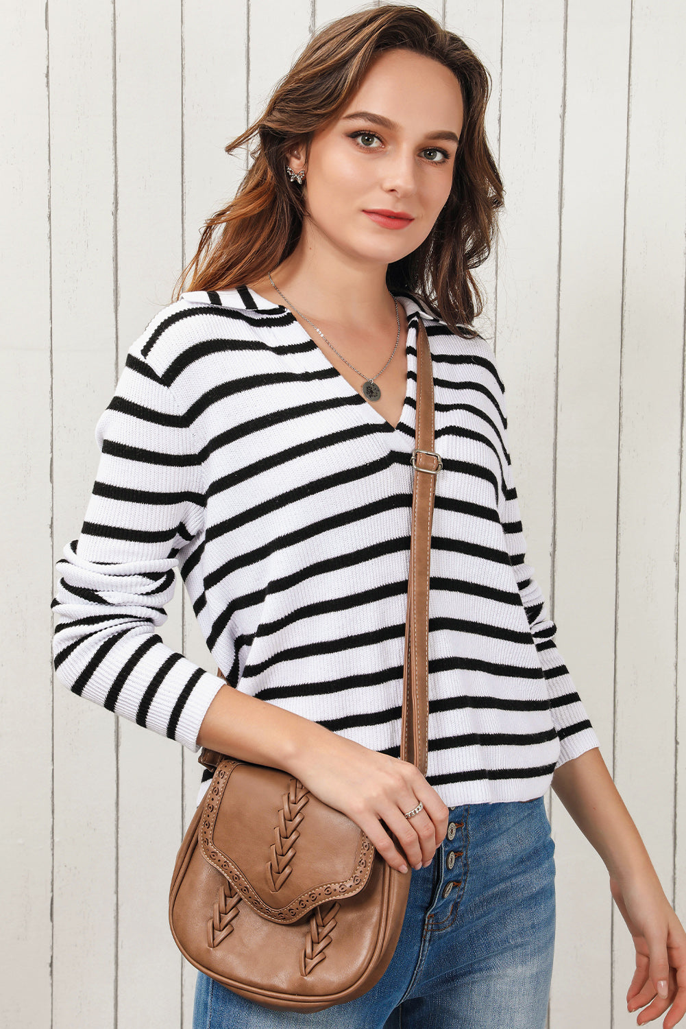 Striped Johnny Collar Long Sleeve Knit Top