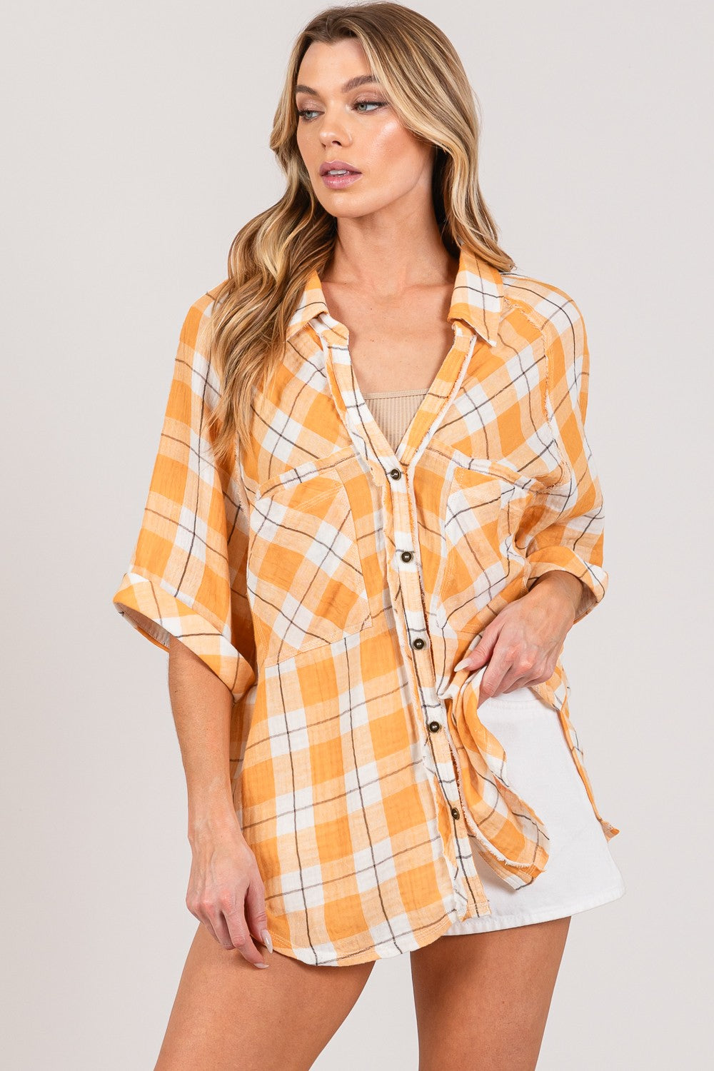 Golden Harvest Plaid Button-Up Side Slit Shirt