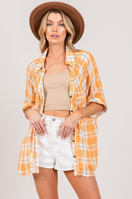 Golden Harvest Plaid Button-Up Side Slit Shirt