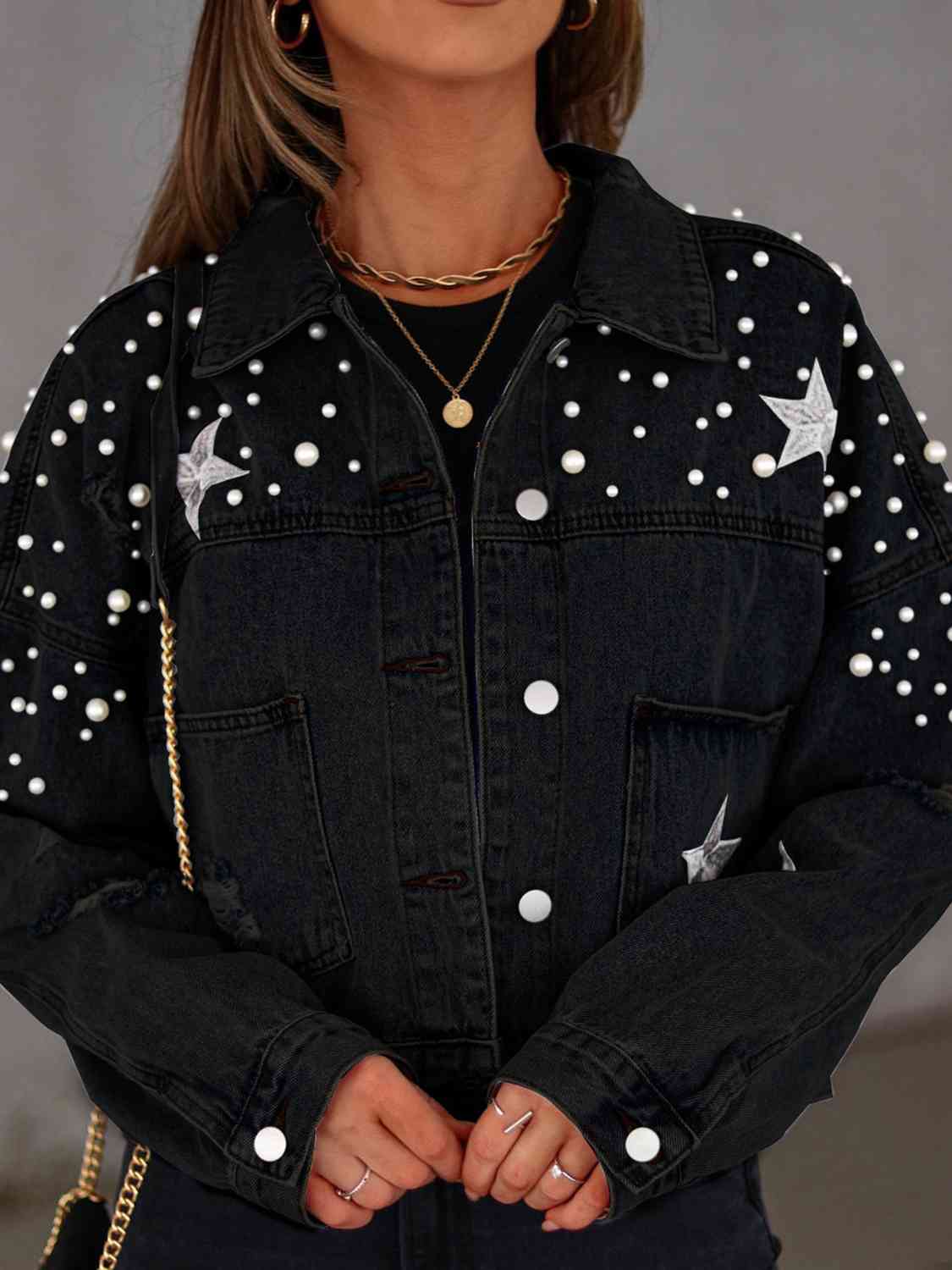 Pearl Trim Button Up Denim Jacket with Pockets