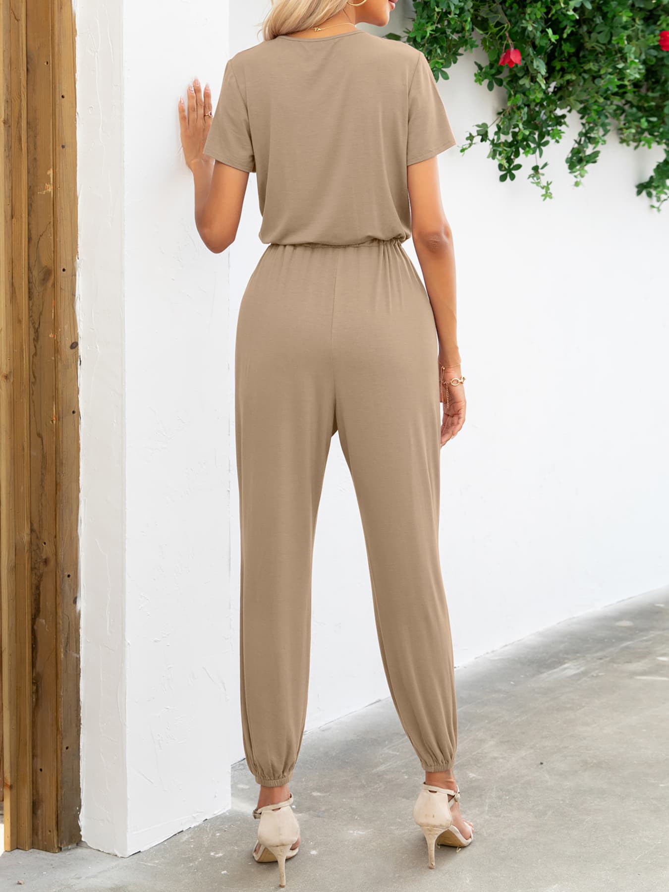 Short Sleeve V-Neck Jumpsuit with Pockets