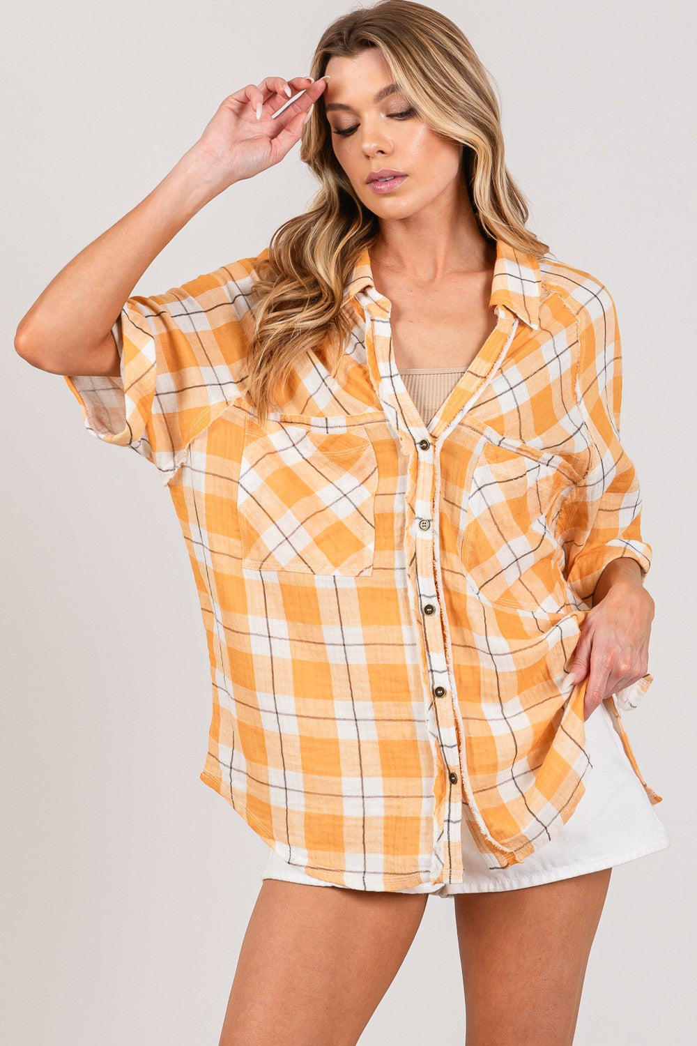 Golden Harvest Plaid Button-Up Side Slit Shirt